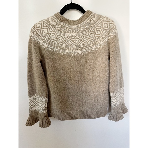 J.Crew Fair Isle Merino Wool Ruffle Sleeve Crewneck Sweater Tan S - Picture 3 of 7